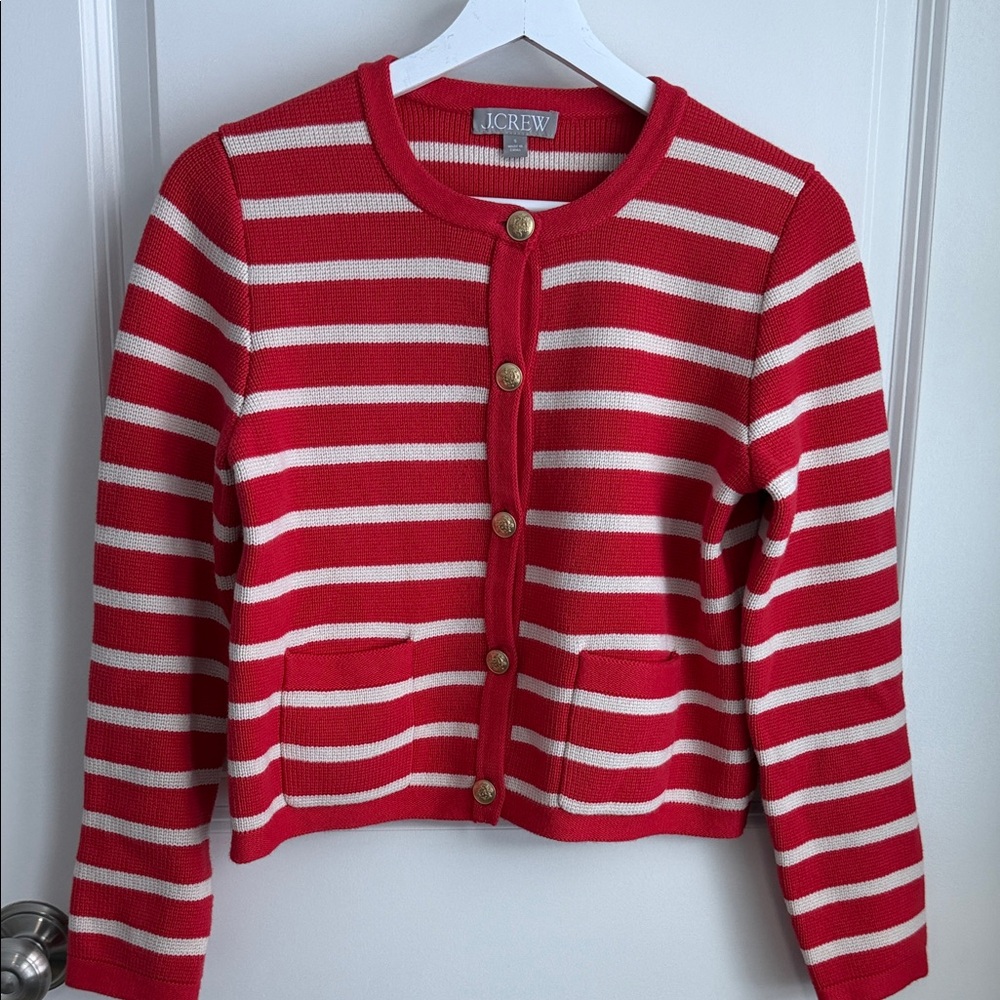 J. Crew Red and Cream Striped Cardigan